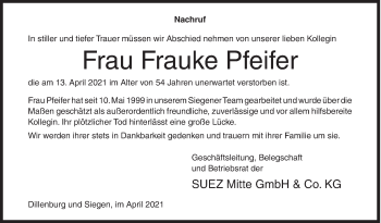 Traueranzeige von Frauke Pfeifer von Siegener Zeitung