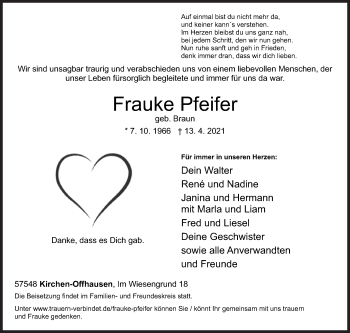 Traueranzeige von Frauke Pfeifer von Siegener Zeitung