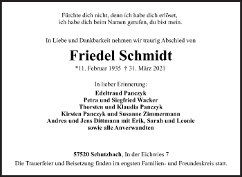 Traueranzeige von Friedel Schmidt von Siegener Zeitung