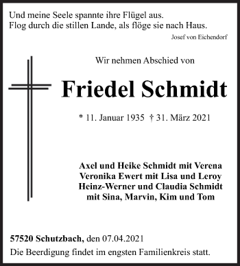Traueranzeige von Friedel Schmidt von Siegener Zeitung