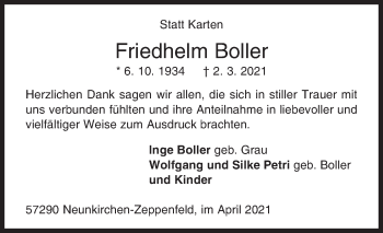 Traueranzeige von Friedhelm Boller von Siegener Zeitung