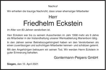 Traueranzeige von Friedhelm Eckstein von Siegener Zeitung