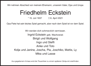 Traueranzeige von Friedhelm Eckstein von Siegener Zeitung