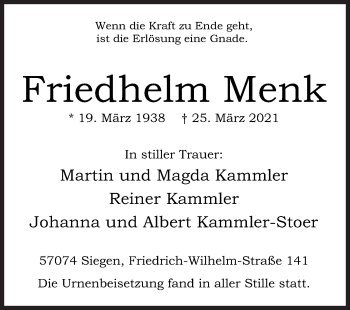 Traueranzeige von Friedhelm Menk von Siegener Zeitung