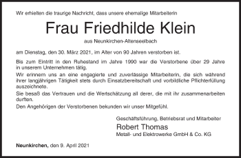 Traueranzeige von Friedhilde Klein von Siegener Zeitung