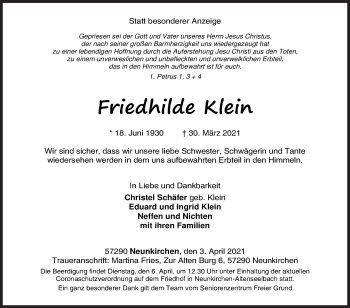 Traueranzeige von Friedhilde Klein von Siegener Zeitung