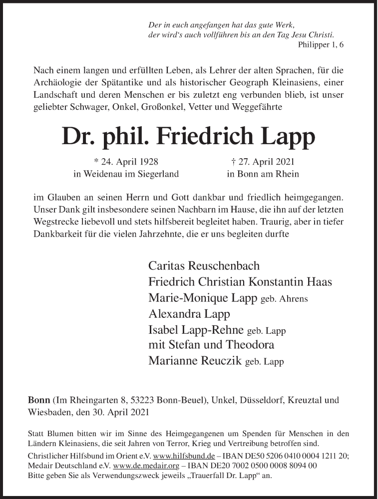  Traueranzeige für Friedrich Lapp vom 30.04.2021 aus Siegener Zeitung