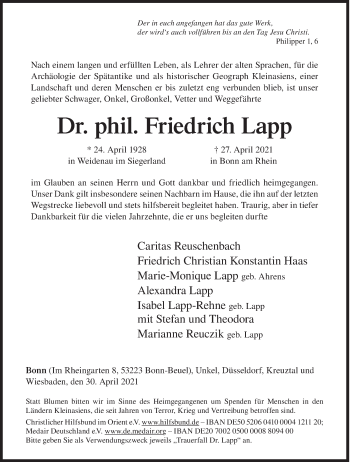 Traueranzeige von Friedrich Lapp von Siegener Zeitung