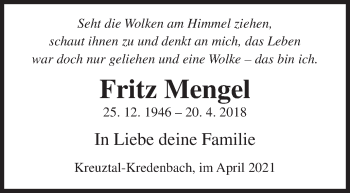 Traueranzeige von Fritz Mengel von Siegener Zeitung