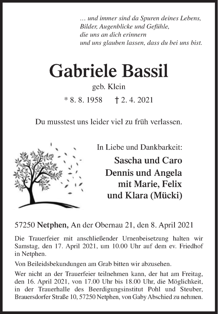  Traueranzeige für Gabriele Bassil vom 08.04.2021 aus Siegener Zeitung