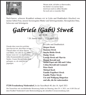 Traueranzeige von Gabriele Siwek von Siegener Zeitung