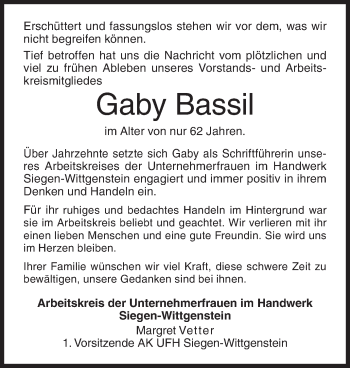 Traueranzeige von Gaby Bassil von Siegener Zeitung