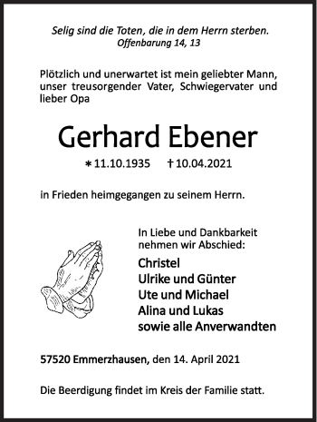 Traueranzeige von Gerhard Ebener von Siegener Zeitung