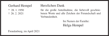 Traueranzeige von Gerhard Hempel von Siegener Zeitung