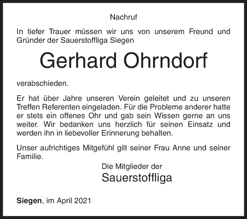  Traueranzeige für Gerhard Ohrndorf vom 10.04.2021 aus Siegener Zeitung