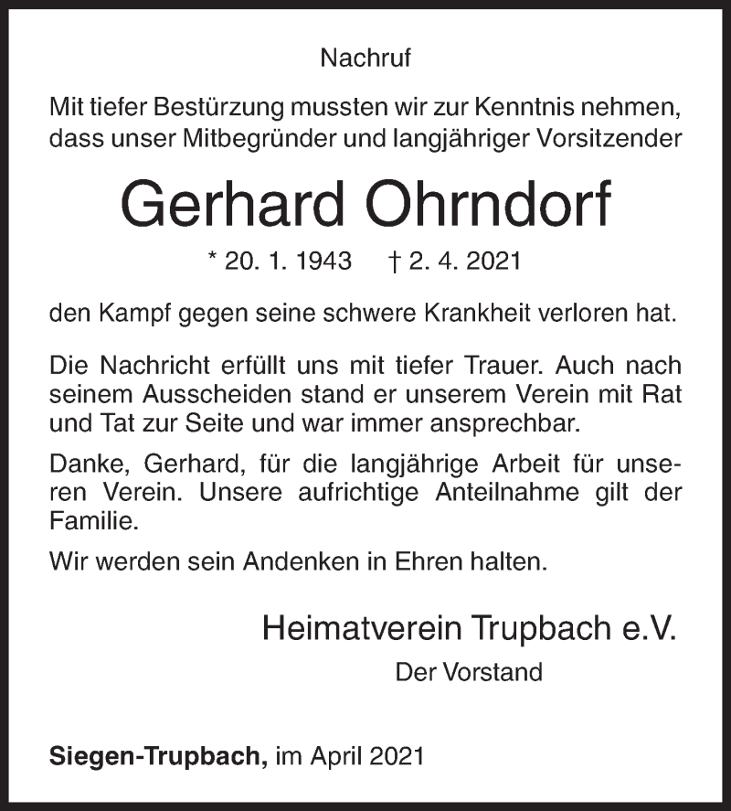  Traueranzeige für Gerhard Ohrndorf vom 09.04.2021 aus Siegener Zeitung