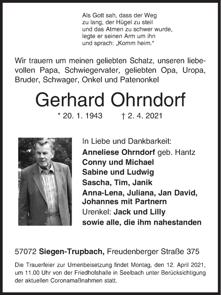  Traueranzeige für Gerhard Ohrndorf vom 07.04.2021 aus Siegener Zeitung
