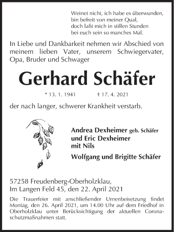 Traueranzeige von Gerhard Schäfer von Siegener Zeitung