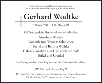 Traueranzeige von Gerhard Wodtke von Siegener Zeitung