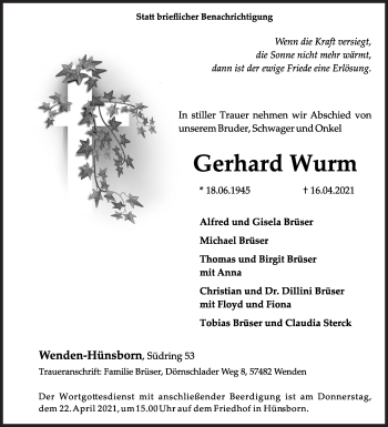 Traueranzeige von Gerhard Wurm von Siegener Zeitung