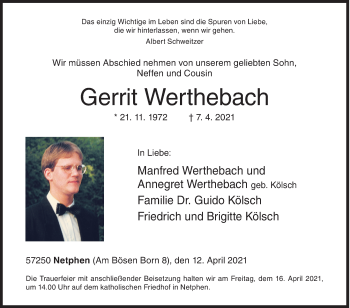Traueranzeige von Gerrit Werthebach von Siegener Zeitung
