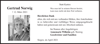 Traueranzeige von Gertrud Norwig von Siegener Zeitung