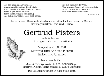 Traueranzeige von Gertrud Pisters von Siegener Zeitung