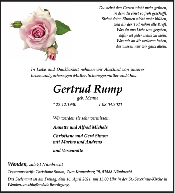 Traueranzeige von Gertrud Rump von Siegener Zeitung