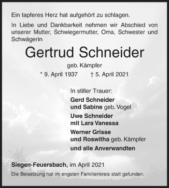 Traueranzeige von Gertrud Schneider von Siegener Zeitung