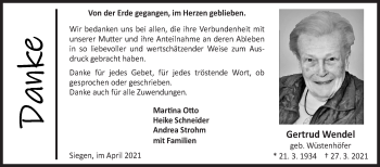 Traueranzeige von Gertrud Wendel von Siegener Zeitung