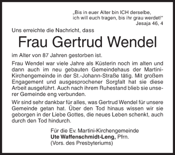 Traueranzeige von Gertrud Wendel von Siegener Zeitung