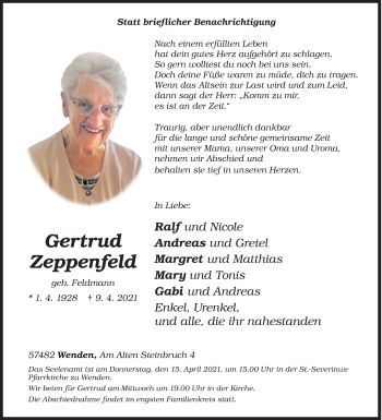 Traueranzeige von Gertrud Zeppenfeld von Siegener Zeitung