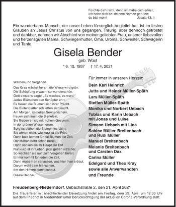 Traueranzeige von Gisela Bender von Siegener Zeitung