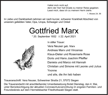 Traueranzeige von Gottfried Marx von Siegener Zeitung