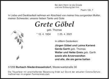 Traueranzeige von Grete Göbel von Siegener Zeitung