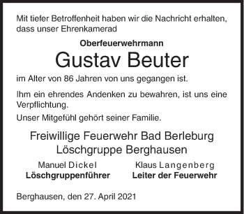 Traueranzeige von Gustav Beuter von Siegener Zeitung