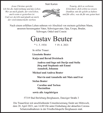Traueranzeige von Gustav Beuter von Siegener Zeitung