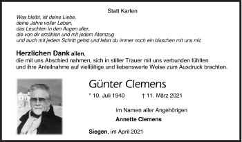 Traueranzeige von Günter Clemens von Siegener Zeitung