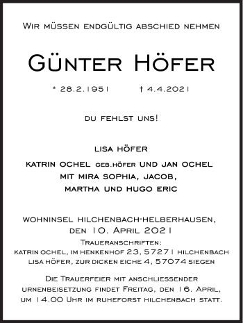 Traueranzeige von Günter Höfer von Siegener Zeitung