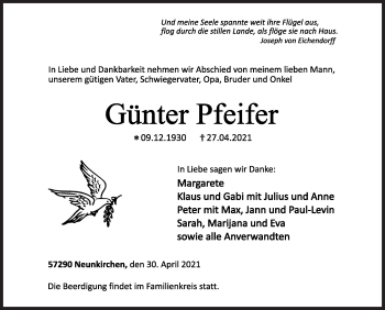 Traueranzeige von Günter Pfeifer von Siegener Zeitung