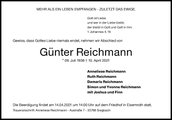 Traueranzeige von Günter Reichmann von Siegener Zeitung