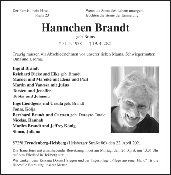 Traueranzeige von Hannchen Brandt von Siegener Zeitung