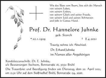Traueranzeige von Hannelore Juhnke von Siegener Zeitung