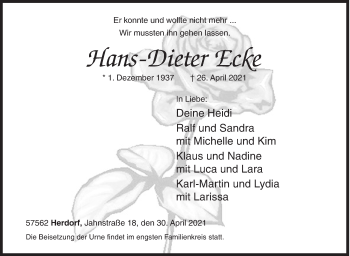 Traueranzeige von Hans-Dieter Ecke von Siegener Zeitung
