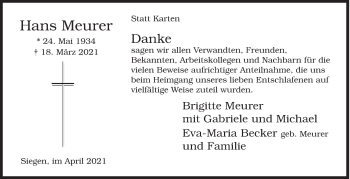 Traueranzeige von Hans Meurer von Siegener Zeitung