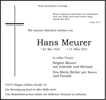 Traueranzeige von Hans Meurer von Siegener Zeitung