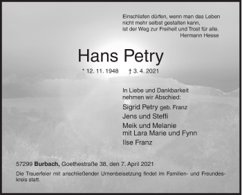 Traueranzeige von Hans Petry von Siegener Zeitung