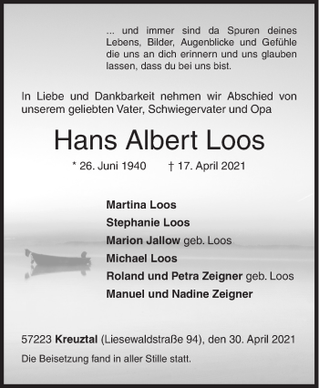 Traueranzeige von Hans Albert Loos von Siegener Zeitung