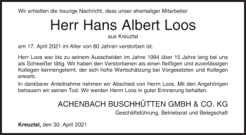 Traueranzeige von Hans Albert Loos von Siegener Zeitung