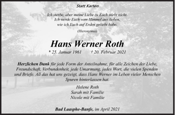 Traueranzeige von Hans Werner Roth von Siegener Zeitung